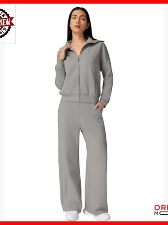 Cotton Polyester Zip Up Sweatshirt Wide Leg Pants Matching Set Large - Picture 3 of 7